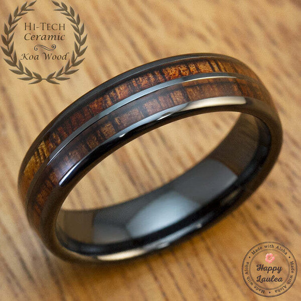 HappyLaulea HITECH Black Ceramic Ring with Koa Wood Duo Inlay 6mm