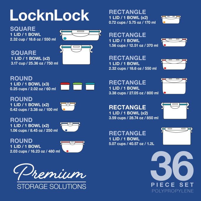 LocknLock Easy Essentials Color Mates Food Storage Container Set - 20pc