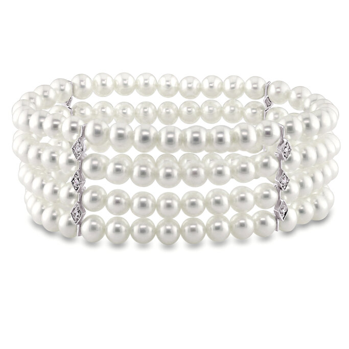 Sterling Silver Rhodium Plated 11mm-12mm White Freshwater Cultured Pearl Necklace and Bracelet Set
