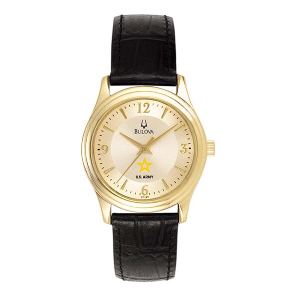 Army Gear - Army Star Ladies Bulova Black Leather Strap Gold Plated ...