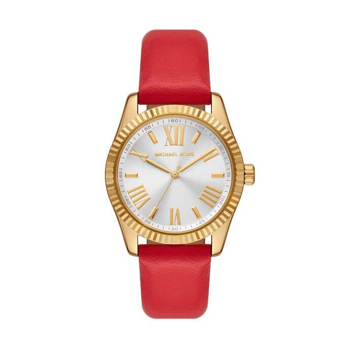 Michael Kors Ladies Lexington Gold Red Leather Strap Watch