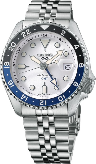 Seiko Men s 42.5mm Seiko 5 Sports SS Automatic GMT Silver Dial Watch Military Gov t Discounts GOVX