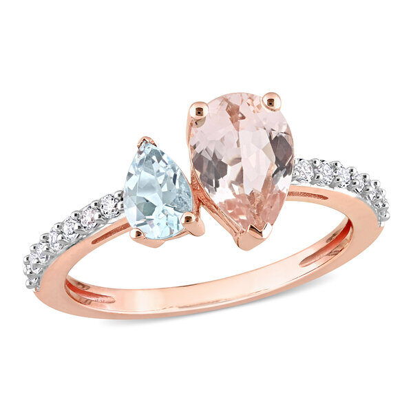 Amour 10k Rose Gold Morganite Created White Sapphire and Diamond 3-Stone Ring 